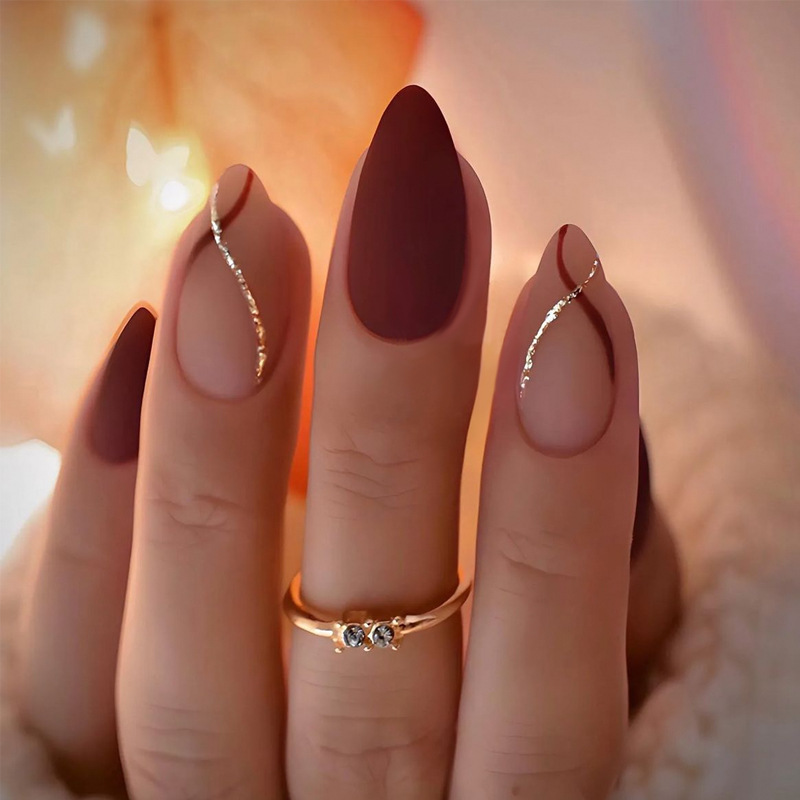Nail Art Pink - 24 قطعة منتصف طول اللوز الذهب