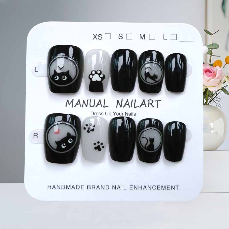 Nail Art Pink - 10 قطعة لطيف الكرتون القط الأسود